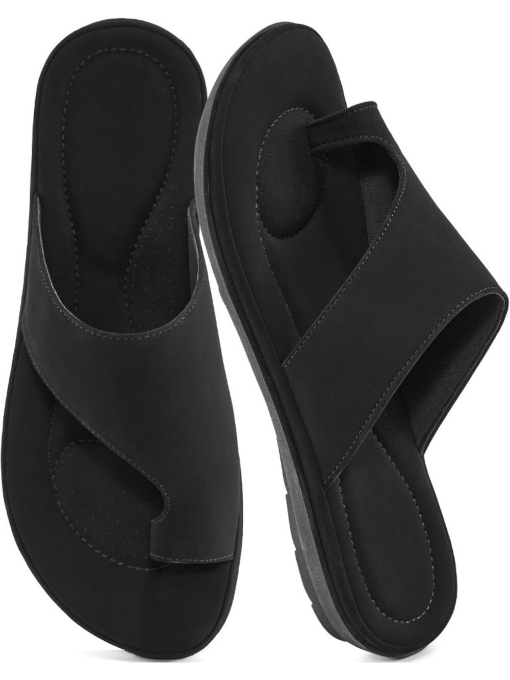 Women's All Black Leather Summer Flat Dressy Slide Soft Orthopedic Casual Shoes